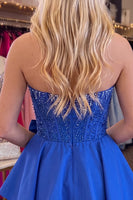 Load image into Gallery viewer, Royal Blue Corset Beaded Tiered A Line Short Homecoming Dress with Bow