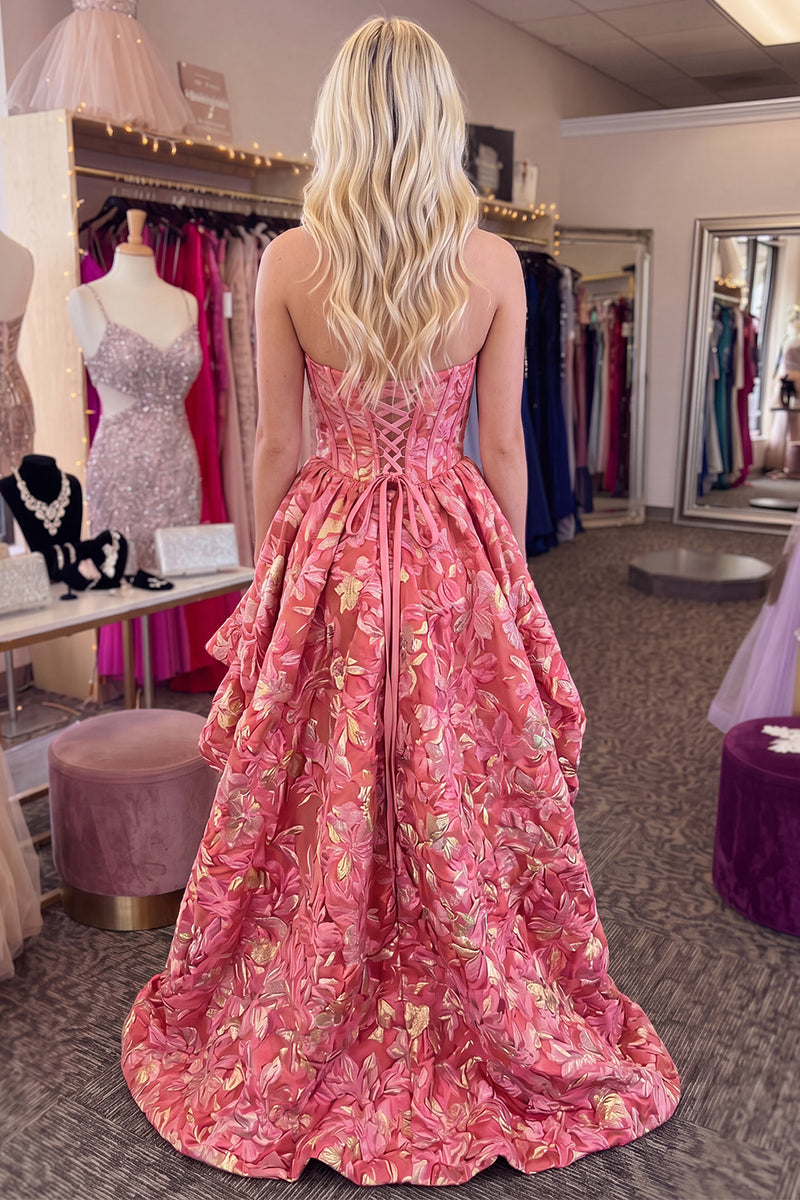 Load image into Gallery viewer, Red Floral Corset Strapless A Line High Low Homecoming Dress