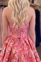 Load image into Gallery viewer, Red Floral Corset Strapless A Line High Low Homecoming Dress