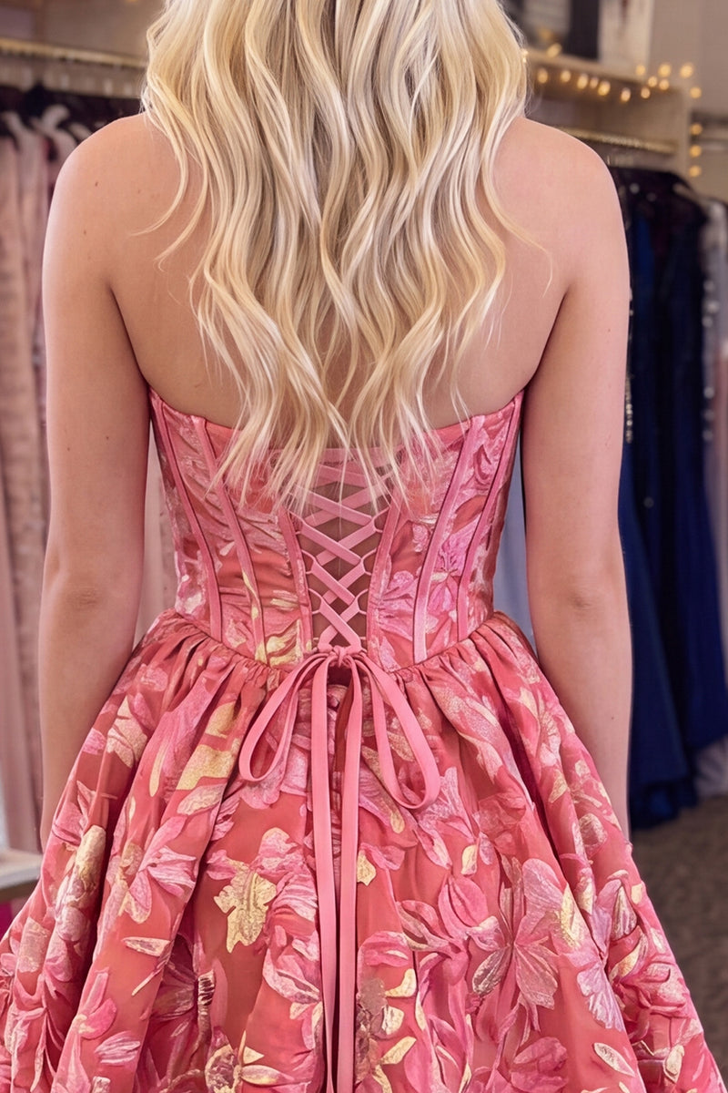 Load image into Gallery viewer, Red Floral Corset Strapless A Line High Low Homecoming Dress