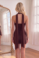 Load image into Gallery viewer, Brown Strapless Pleated Neck Scarf Tight Short Homecoming Dress