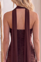 Load image into Gallery viewer, Brown Strapless Pleated Neck Scarf Tight Short Homecoming Dress