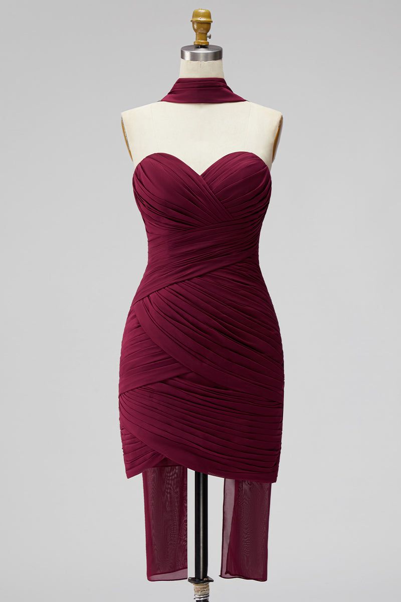 Load image into Gallery viewer, Brown Strapless Pleated Neck Scarf Tight Short Homecoming Dress