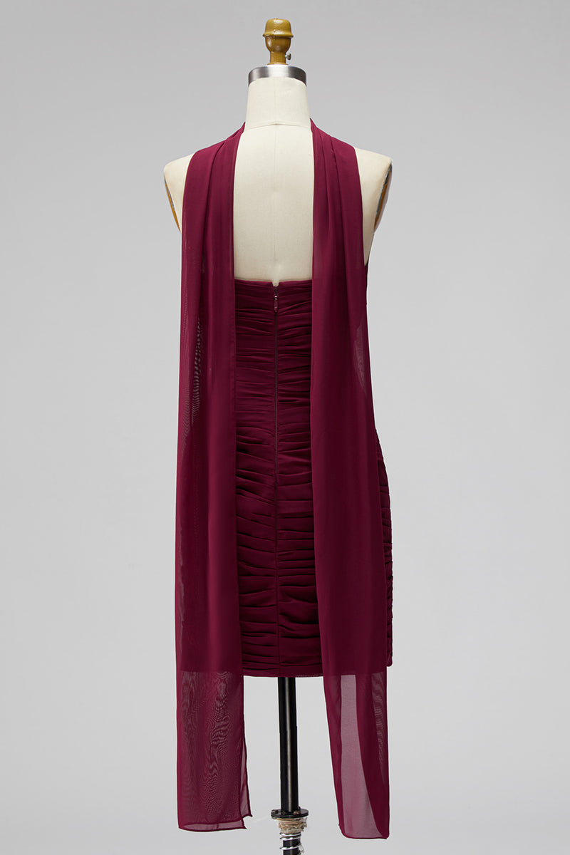 Load image into Gallery viewer, Brown Strapless Pleated Neck Scarf Tight Short Homecoming Dress