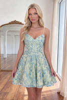 Load image into Gallery viewer, Light Green Beaded A Line V-Neck Short Homecoming Dress