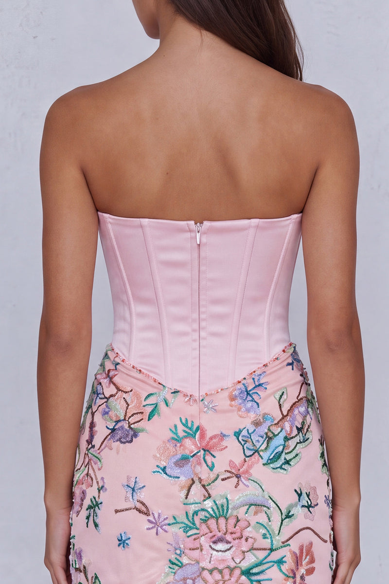 Load image into Gallery viewer, Light Pink Floral Corset Strapless Ruched Tight Short Homecoming Dress