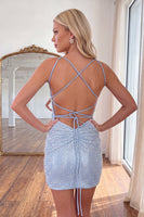 Load image into Gallery viewer, Light Blue Beaded Ruched Lace Up Back Tight Short Homecoming Dress