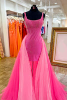 Load image into Gallery viewer, Sparkly Fuchsia Beaded Short Homecoming Dress with Bow