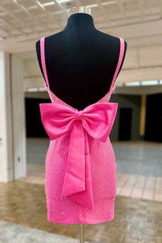 Sparkly Fuchsia Beaded Short Homecoming Dress with Bow