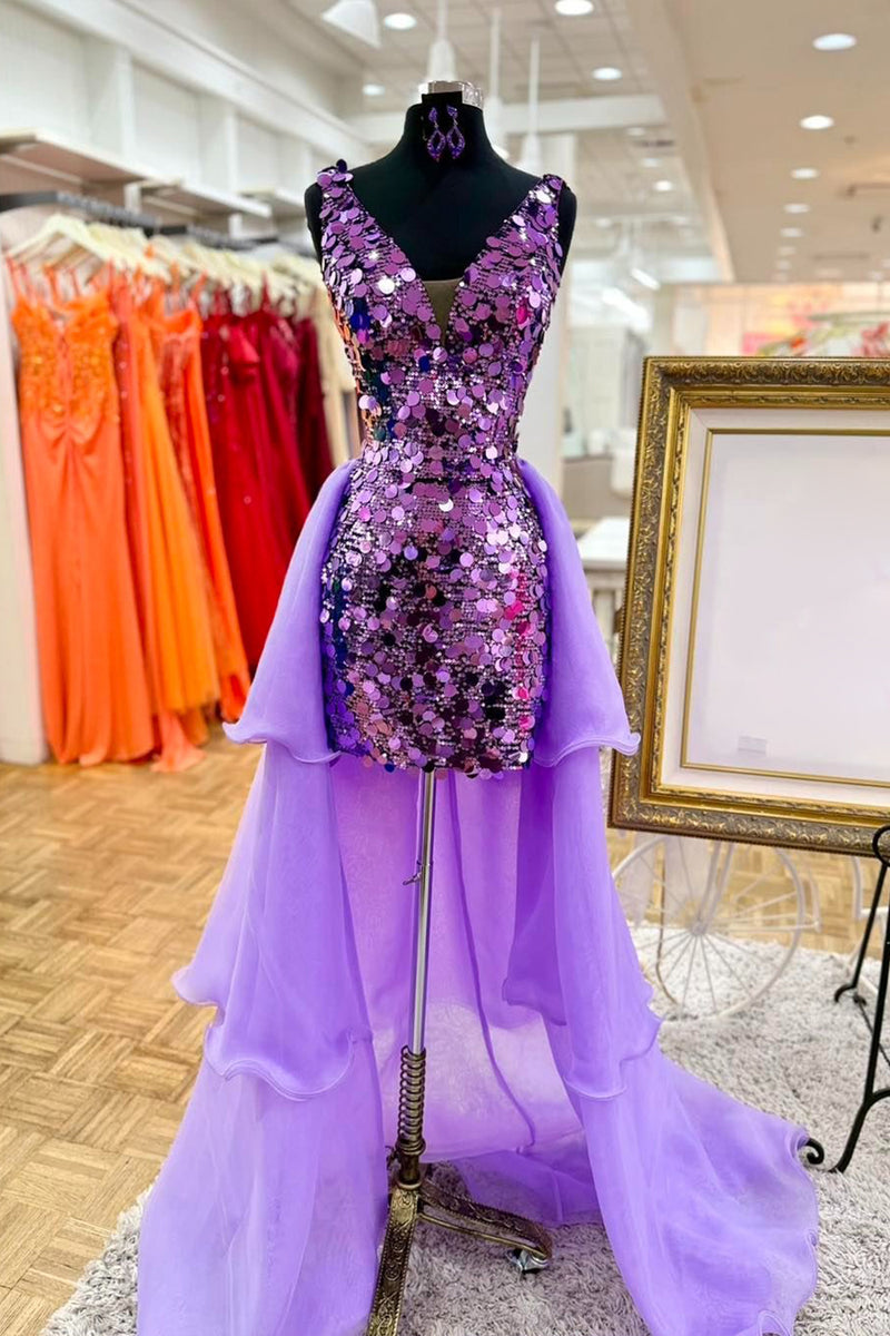 Load image into Gallery viewer, Sparkly Dark Purple Sequin Bodycon Short Homecoming Dress with Cape