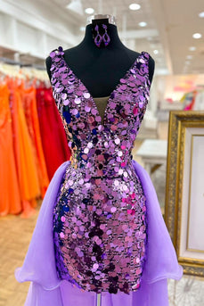 Sparkly Dark Purple Sequin Bodycon Short Homecoming Dress with Cape