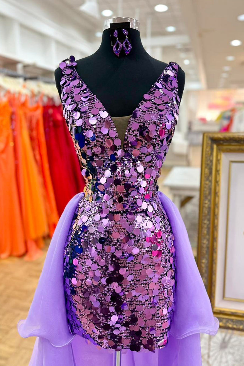 Load image into Gallery viewer, Sparkly Dark Purple Sequin Bodycon Short Homecoming Dress with Cape