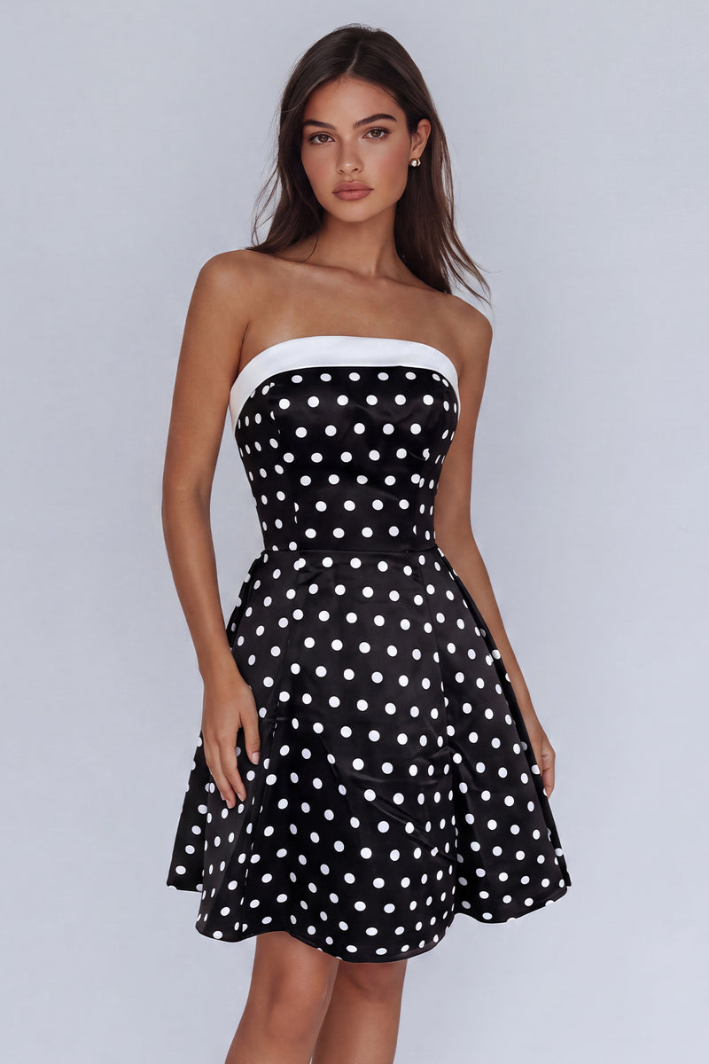 Load image into Gallery viewer, Black and White Polka Dots Strapless Short Homecoming Dress with Bow
