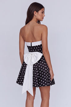 Black and White Polka Dots Strapless Short Homecoming Dress with Bow