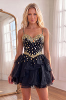 Load image into Gallery viewer, Black Sparkly Spaghetti Straps Mirror Short Homecoming Dress with Ruffles
