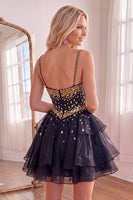 Load image into Gallery viewer, Black Sparkly Spaghetti Straps Mirror Short Homecoming Dress with Ruffles