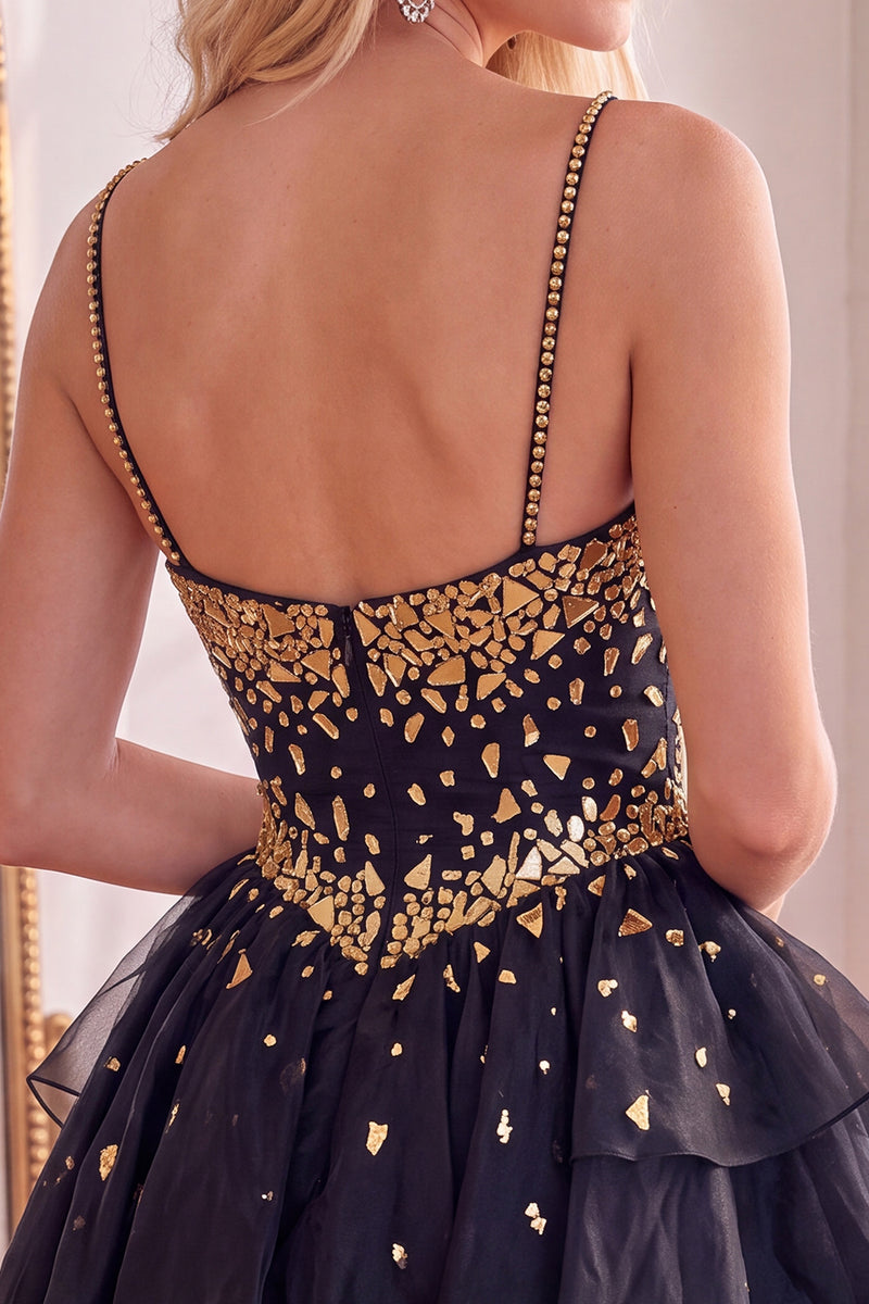 Load image into Gallery viewer, Black Sparkly Spaghetti Straps Mirror Short Homecoming Dress with Ruffles