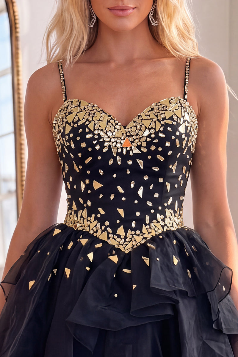Load image into Gallery viewer, Black Sparkly Spaghetti Straps Mirror Short Homecoming Dress with Ruffles