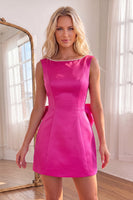 Load image into Gallery viewer, Fuchsia Boat Neck Short Ruffled Homecoming Dress with Pearls