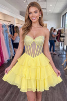 Load image into Gallery viewer, Sparkly Yellow Corset Short Beaded Sweetheart Ruffled Homecoming Dress