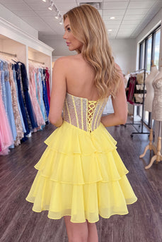 Sparkly Yellow Corset Short Beaded Sweetheart Ruffled Homecoming Dress