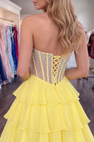 Load image into Gallery viewer, Sparkly Yellow Corset Short Beaded Sweetheart Ruffled Homecoming Dress
