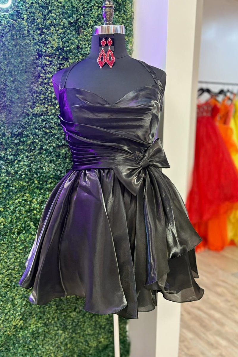 Load image into Gallery viewer, Black Halter A Line Short Homecoming Dress with Bow
