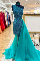 Load image into Gallery viewer, Sparkly Green One Shoulder Tight Short Homecoming Dress with Cape