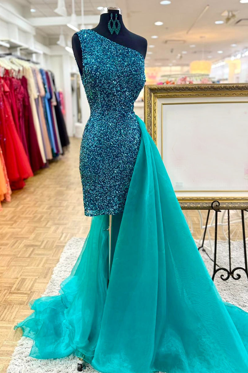 Load image into Gallery viewer, Sparkly Green One Shoulder Tight Short Homecoming Dress with Cape