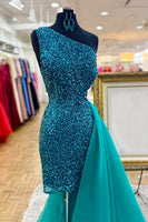 Load image into Gallery viewer, Sparkly Green One Shoulder Tight Short Homecoming Dress with Cape