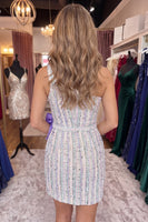Load image into Gallery viewer, Grey One Shoulder Short Tweed Tight Homecoming Dress with Bow