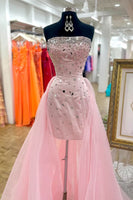 Load image into Gallery viewer, Sparkly Pink Strapless Beaded Tight Short Homecoming Dress with Cape