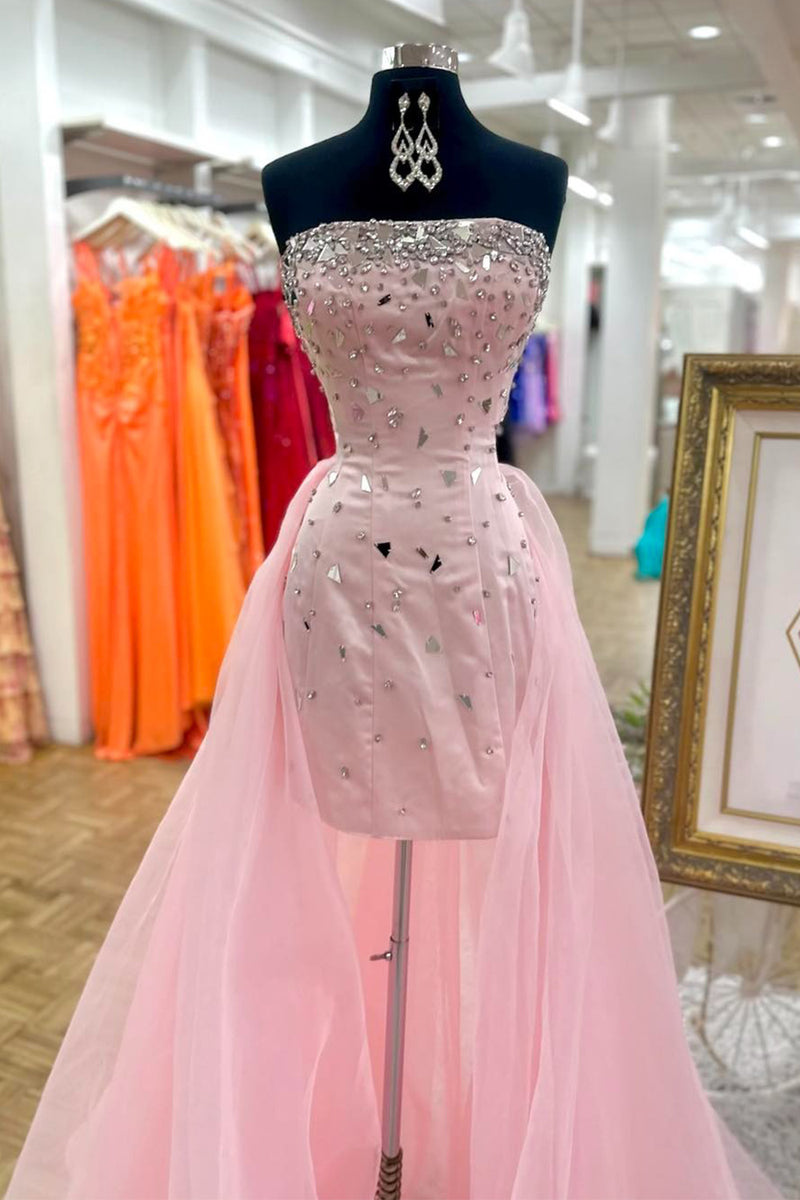Load image into Gallery viewer, Sparkly Pink Strapless Beaded Tight Short Homecoming Dress with Cape