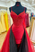 Load image into Gallery viewer, Sparkly Red Beaded Spaghetti Straps Tight Short Homecoming Dress with Cape