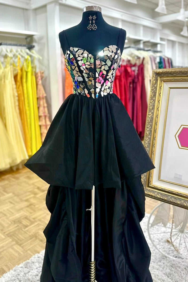 Load image into Gallery viewer, Sparkly Black A Line Spaghetti Straps Mirror Short Homecoming Dress