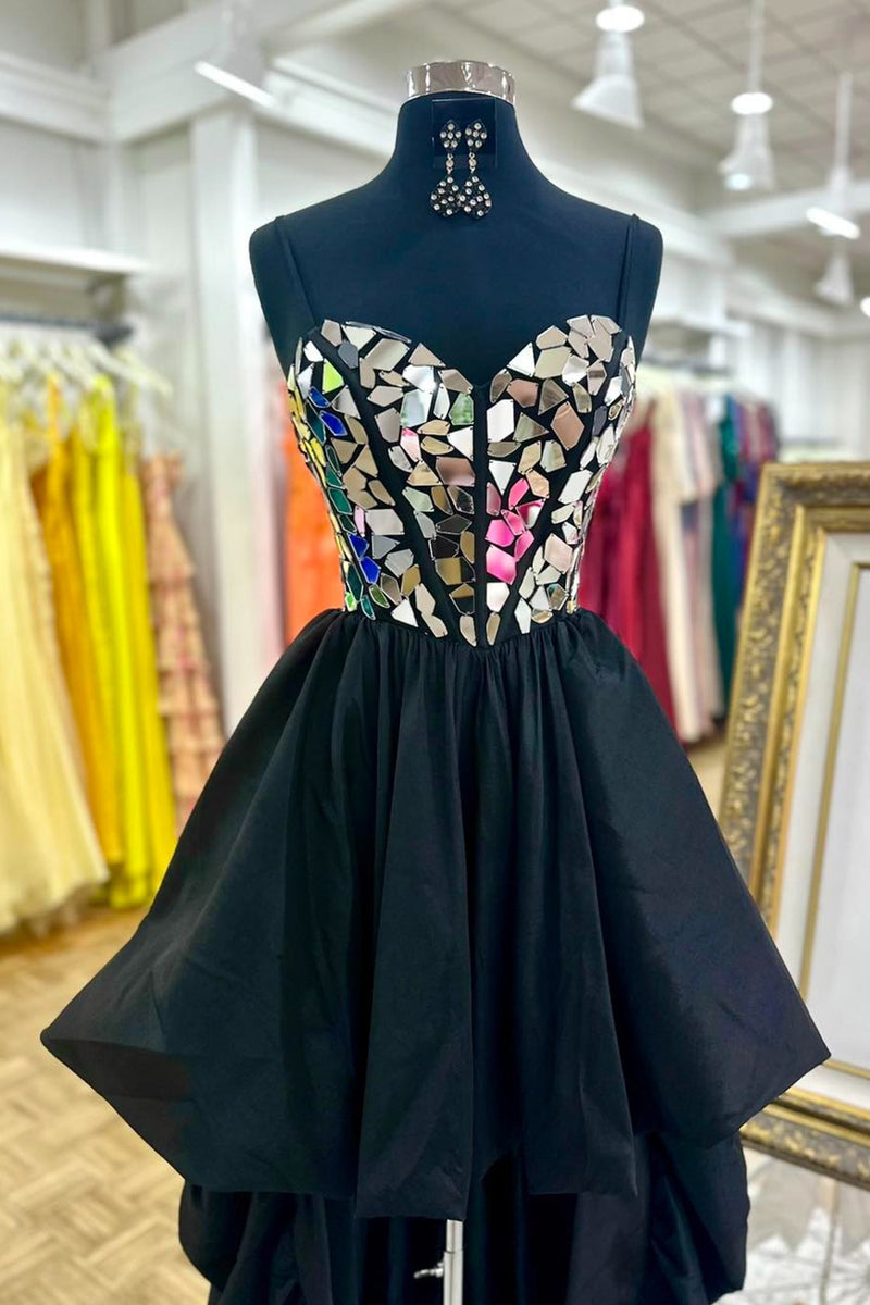 Load image into Gallery viewer, Sparkly Black A Line Spaghetti Straps Mirror Short Homecoming Dress