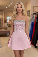 Load image into Gallery viewer, Pink Sparkly A-Line Strapless Short Homecoming Dress with Rhinestones