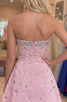 Load image into Gallery viewer, Pink Sparkly A-Line Strapless Short Homecoming Dress with Rhinestones