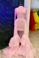 Load image into Gallery viewer, Pink High Neck Long Sleeves Tight Short Homecoming Dress with Cape