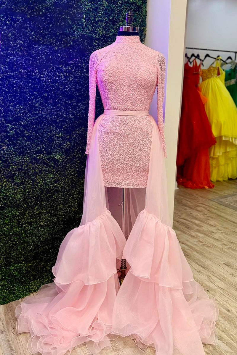 Load image into Gallery viewer, Pink High Neck Long Sleeves Tight Short Homecoming Dress with Cape