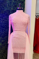 Load image into Gallery viewer, Pink High Neck Long Sleeves Tight Short Homecoming Dress with Cape