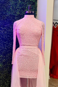 Pink High Neck Long Sleeves Tight Short Homecoming Dress with Cape