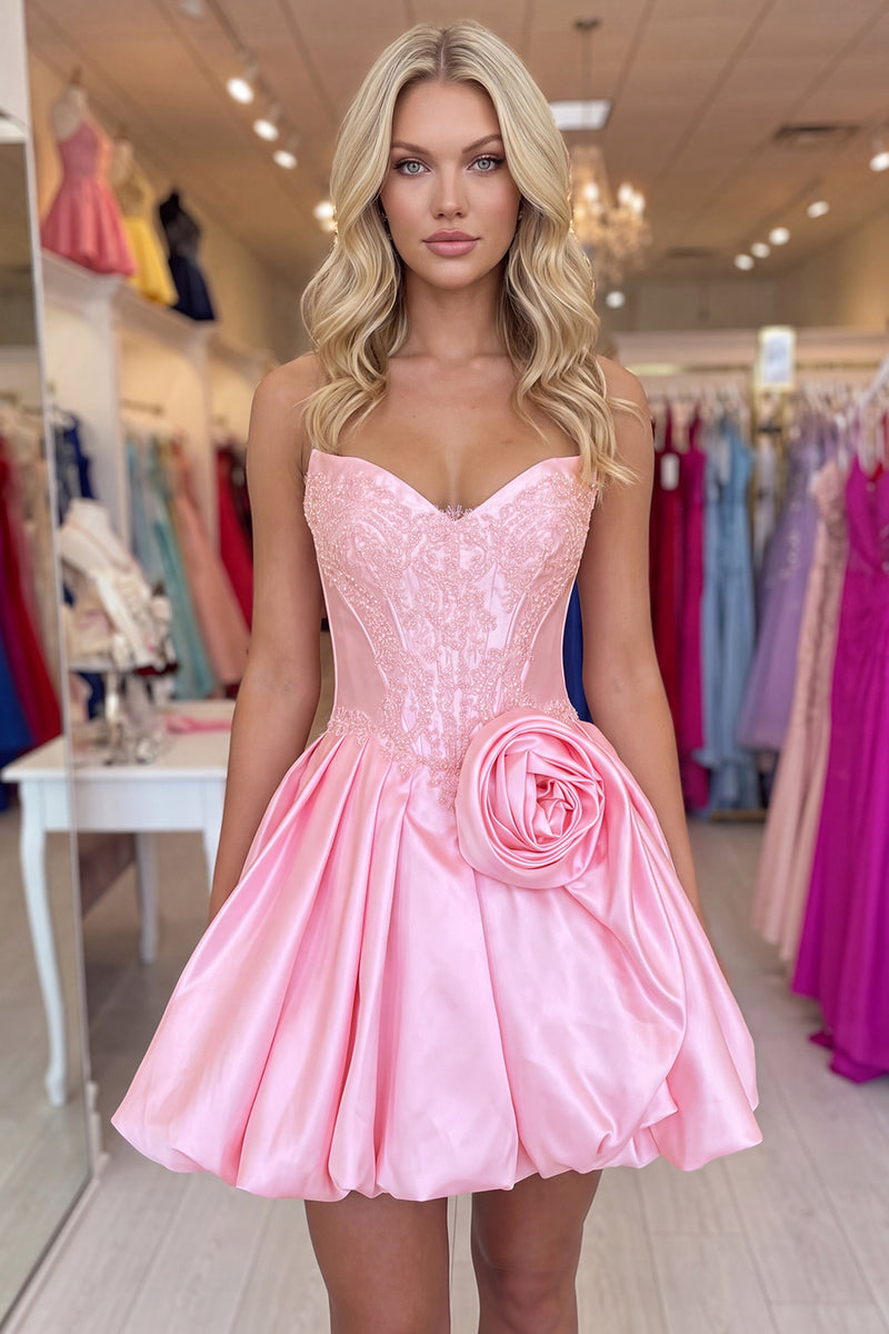 Load image into Gallery viewer, Pink Appliqued Corset Sweetheart Short Bubble Homecoming Dress with 3D Flower