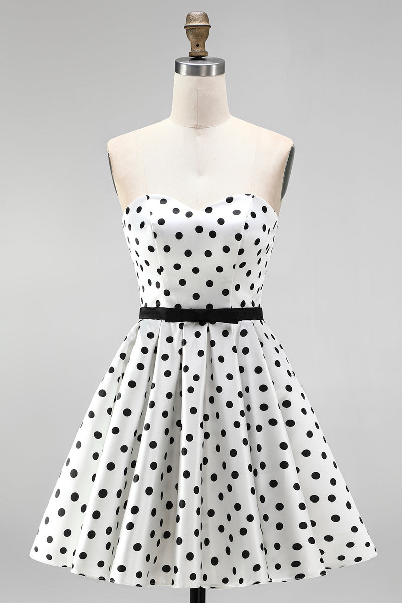 Load image into Gallery viewer, Black and White Polka Dots A-Line Sweetheart Short Homecoming Dress
