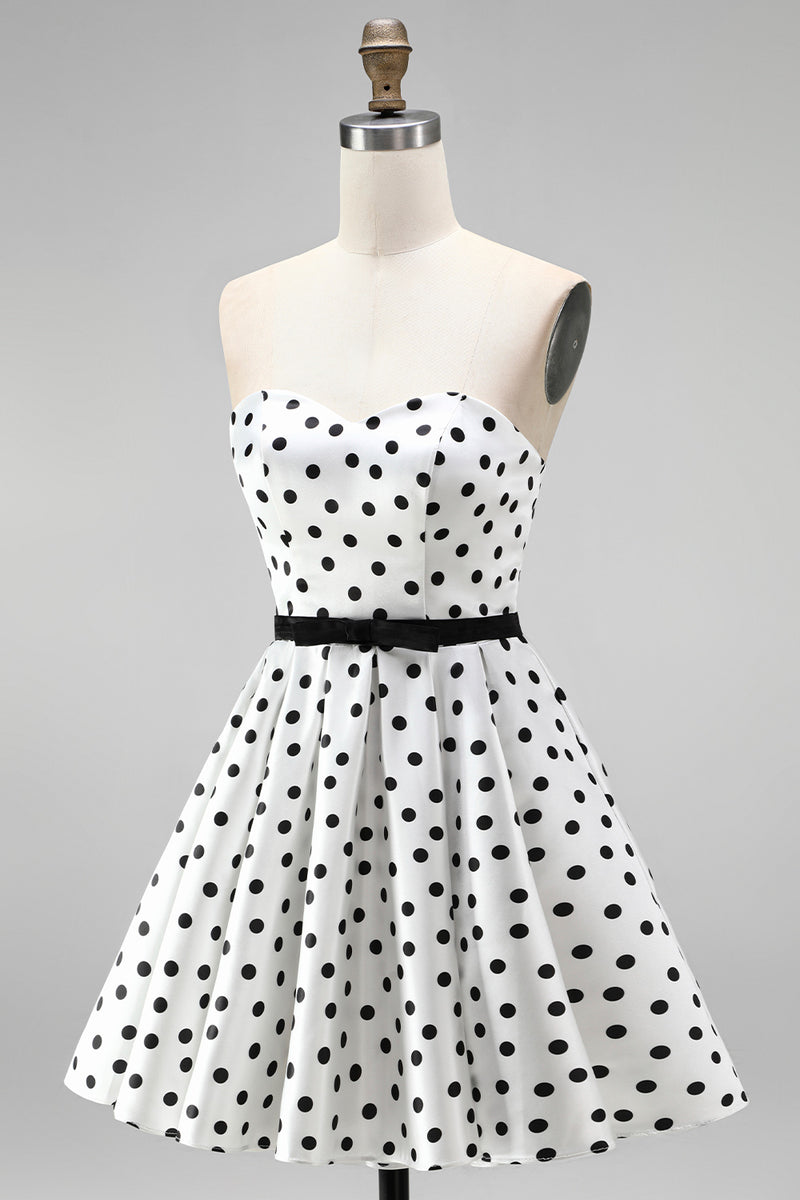 Load image into Gallery viewer, Black and White Polka Dots A-Line Sweetheart Short Homecoming Dress