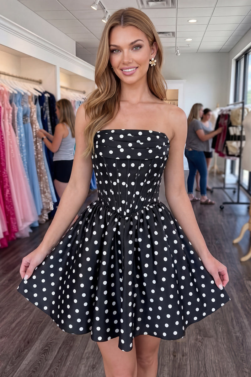 Load image into Gallery viewer, Black and White Polka Dots Corset A-Line Strapless Short Homecoming Dress
