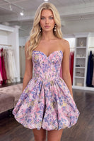 Load image into Gallery viewer, Purple Floral Corset Short A Line Bubble Homecoming Dress