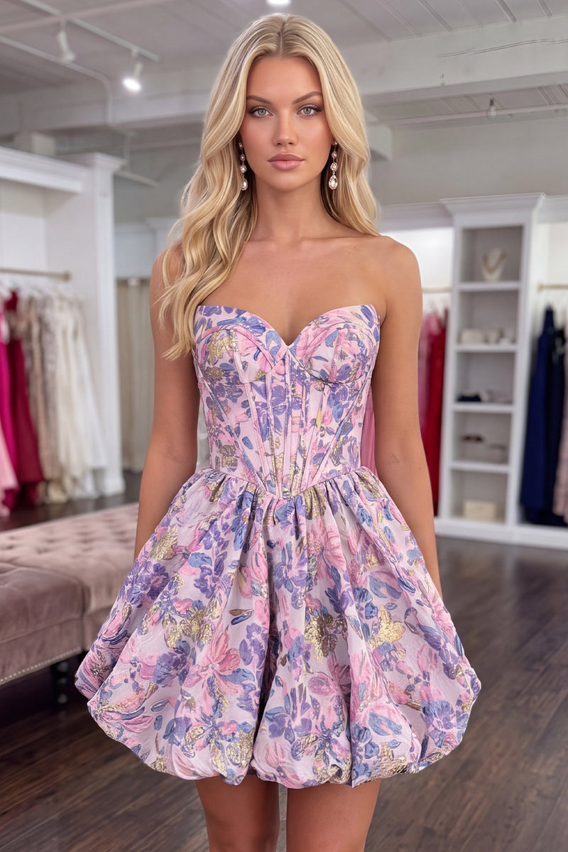 Load image into Gallery viewer, Purple Floral Corset Short A Line Bubble Homecoming Dress
