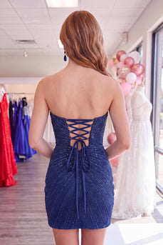 Navy Sparkly Sweetheart Short Tight Homecoming Dress with Beading