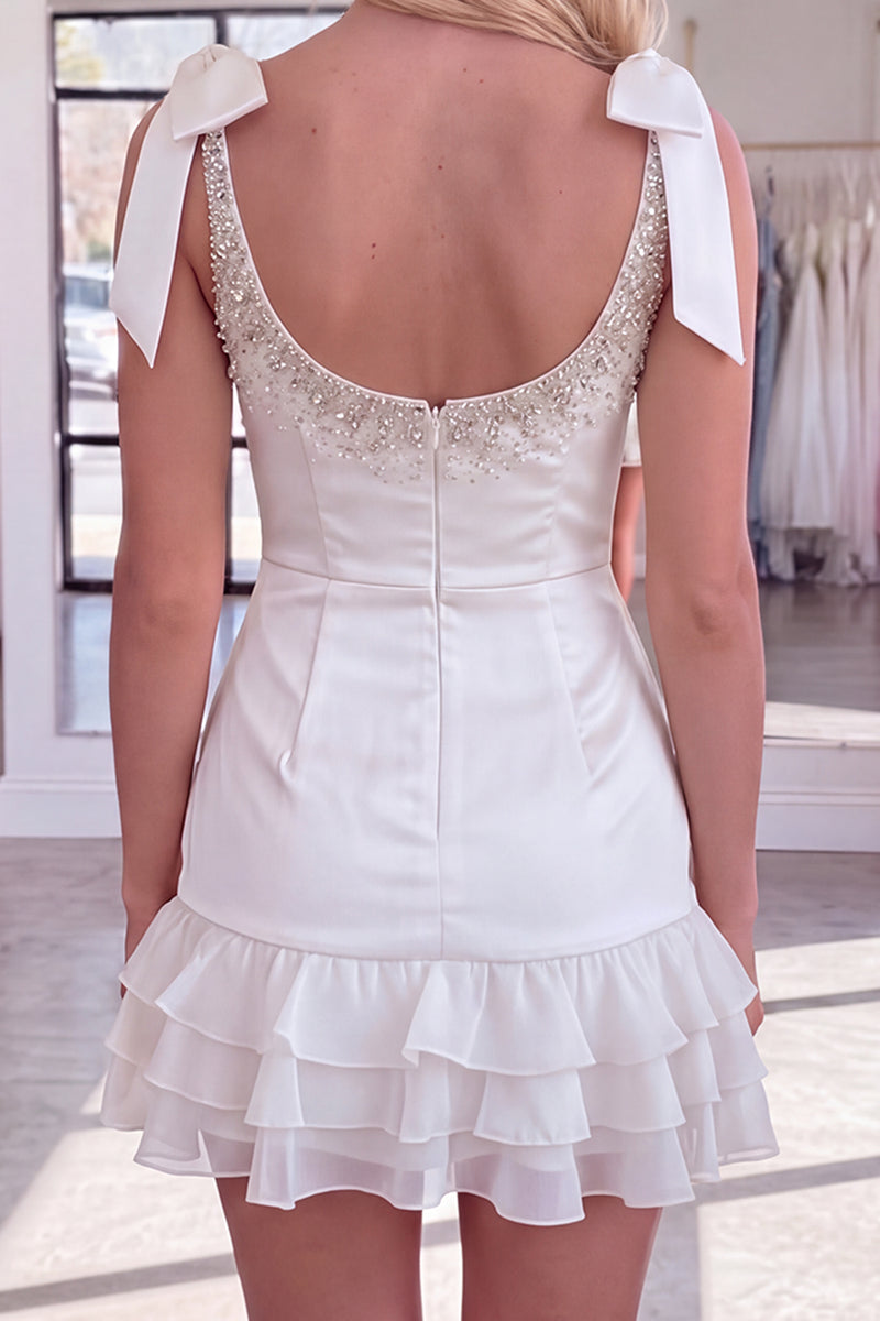 Load image into Gallery viewer, White Sparkly Thick Straps Short Ruffled Homecoming Dress with Beading